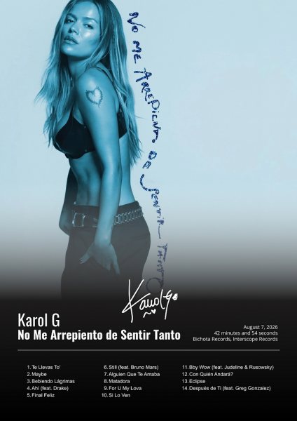 Karol G Album Cover Müzik Posteri – Duvar Tablosu duvarda gerçek ölçek