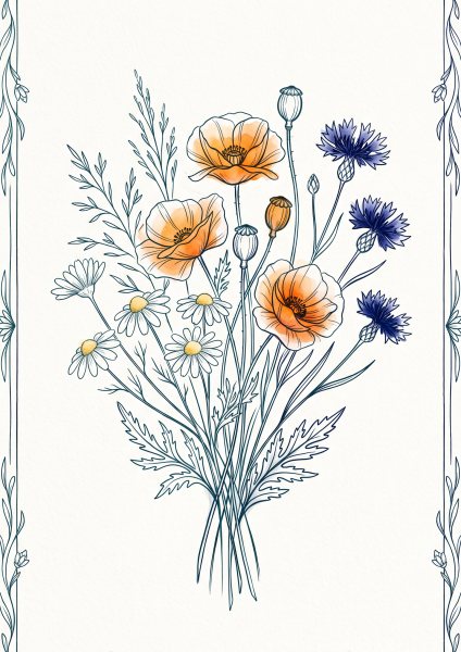 Kır Çiçekleri Buketi Posteri – Çizgi sanat Duvar Tablosu duvarda gerçek ölçek