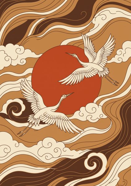 Kırmızı Güneş ve Turnalar Posteri – Japon baskı Duvar Tablosu