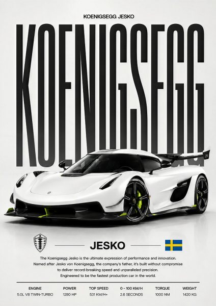 Koenigsegg Jesko Hypercar Araba Posteri – Duvar Tablosu duvarda gerçek ölçek