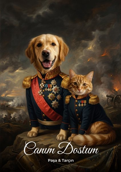 Komutan Üniformalı Kedi & Köpek Portresi
