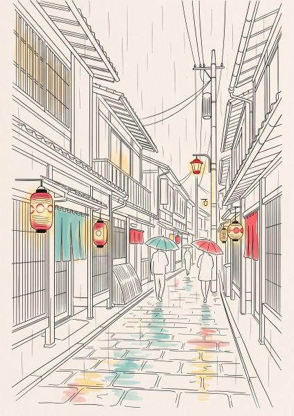 Kyoto Yağmuru ve Şemsiye Posteri – Çizgi sanat Duvar Tablosu duvarda gerçek ölçek