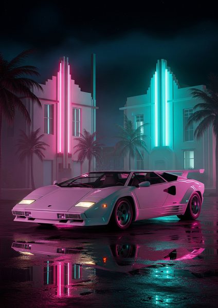 Lamborghini Countach Neon Cityscape Araba Posteri – Duvar Tablosu poster görseli