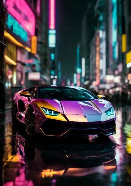 Lamborghini in Neon Cityscape Araba Posteri – Duvar Tablosu duvarda gerçek ölçek
