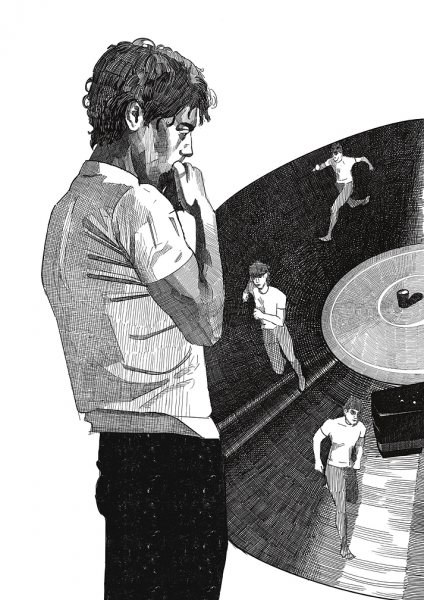Man Looking at Vinyl Record Müzik Posteri – Duvar Tablosu duvarda gerçek ölçek