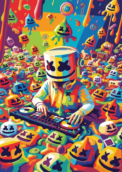 Marshmello DJing with Marshmallow Characters Müzik Posteri – Duvar Tablosu duvarda gerçek ölçek
