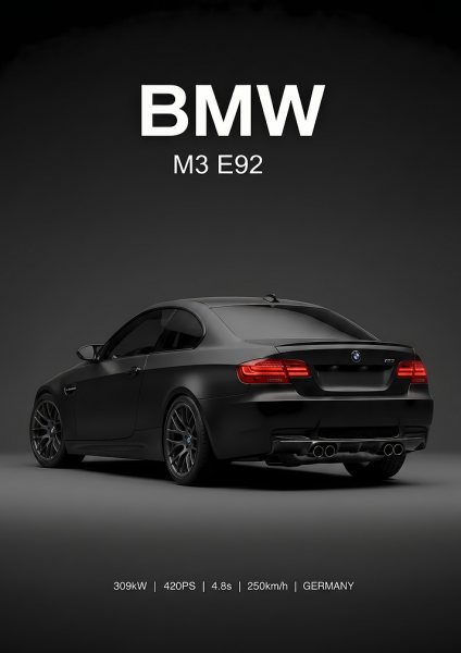 Matte Black BMW M3 E92 Araba Posteri – Duvar Tablosu