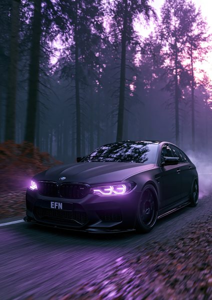 Matte Black BMW M5 with Purple Headlights Araba Posteri – Duvar Tablosu duvarda gerçek ölçek
