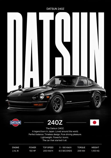 Matte Black Datsun 240Z Classic Sports Car Poster, Cool Araba Posteri – Duvar Tablosu duvarda gerçek ölçek