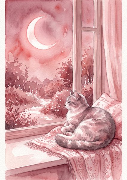 Mavi Pencereden Kedi Poster – Suluboya (A4 / A3, Çerçeveli – Çerçevesiz)