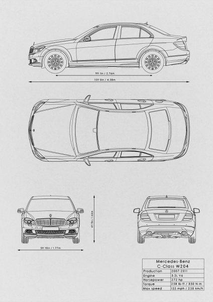 Mercedes Benz C Class W204 Araba Posteri – Duvar Tablosu duvarda gerçek ölçek