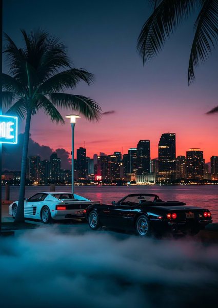 Miami Vice Cars at Sunset Ferrari Daytona and Testarosa Araba Posteri – Duvar Tablosu