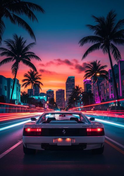Miami Vice Ferrari Testarosa at Sunset Araba Posteri – Duvar Tablosu duvarda gerçek ölçek
