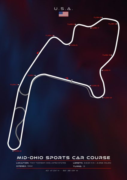 Mid-Ohio Sports Car Course Track Map Araba Posteri – Duvar Tablosu duvarda gerçek ölçek