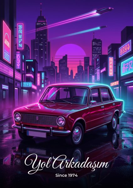 Neon Gece Synthwave Kişiye Özel Araba Posteri