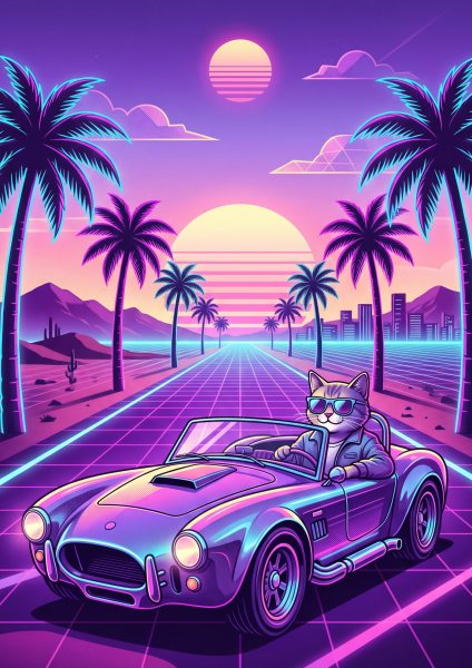 Neon Gözlüklü Retro Kedi Posteri – Synthwave Duvar Tablosu