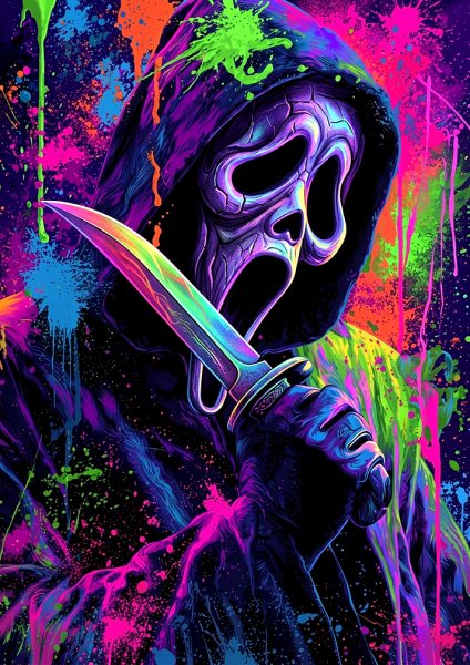 Neon Splatter Ghostface Horror Art Film Posteri – Duvar Tablosu duvarda gerçek ölçek