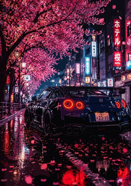 Nissan GT-R Under Cherry Blossoms Araba Posteri – Duvar Tablosu duvarda gerçek ölçek