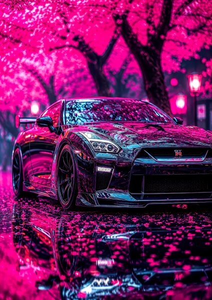 Nissan GT-R Under Pink Cherry Blossoms Araba Posteri – Duvar Tablosu