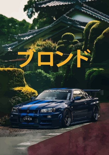 Nissan Skyline GT-R R34 Japanese Aesthetic Araba Posteri – Duvar Tablosu duvarda gerçek ölçek