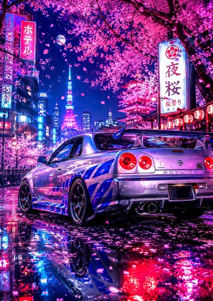 Nissan Skyline GT-R Under Cherry Blossoms Araba Posteri – Duvar Tablosu
