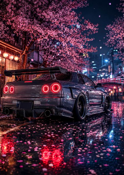 Nissan Skyline GT-R Under Cherry Blossoms Araba Posteri – Duvar Tablosu