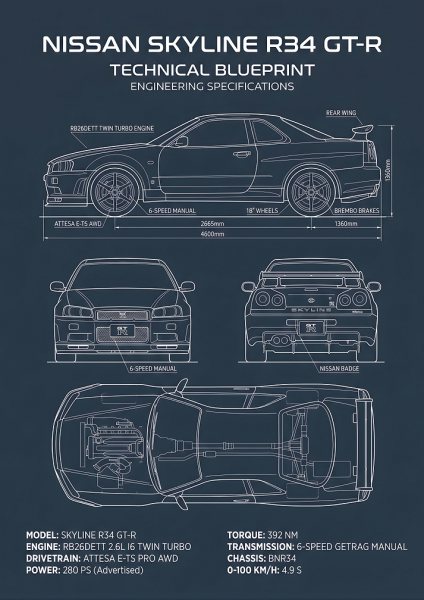 Nissan Skyline R34 GT-R Blueprint Araba Posteri – Duvar Tablosu duvarda gerçek ölçek