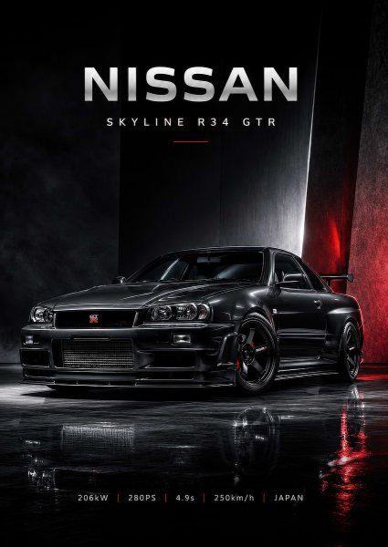 Nissan Skyline R34 GTR Araba Posteri – Duvar Tablosu duvarda gerçek ölçek