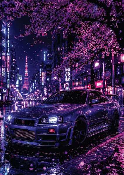 Nissan Skyline R34 in Neon Tokyo Araba Posteri – Duvar Tablosu
