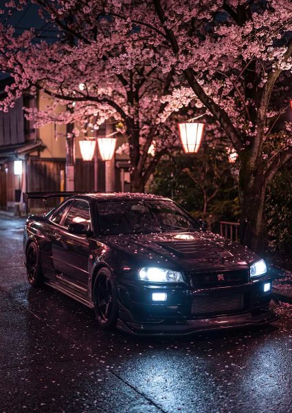 Nissan Skyline R34 Under Cherry Blossoms Araba Posteri – Duvar Tablosu duvarda gerçek ölçek