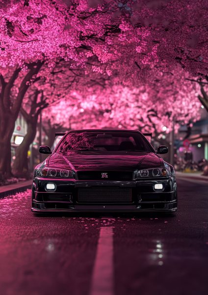 Nissan Skyline R34 Under Cherry Blossoms Araba Posteri – Duvar Tablosu duvarda gerçek ölçek