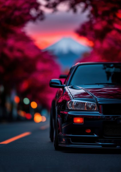 Nissan Skyline R34 with Mount Fuji Araba Posteri – Duvar Tablosu duvarda gerçek ölçek