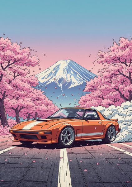 Orange Mazda RX-7 Drifting Under Sakura Araba Posteri – Duvar Tablosu duvarda gerçek ölçek