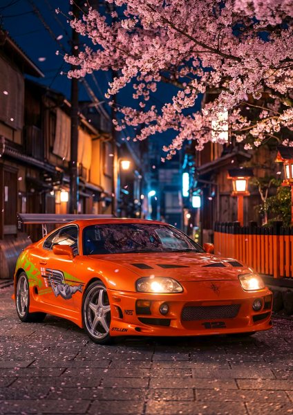Orange Supra Mk4 JDM Cherry Blossom Araba Posteri – Duvar Tablosu duvarda gerçek ölçek