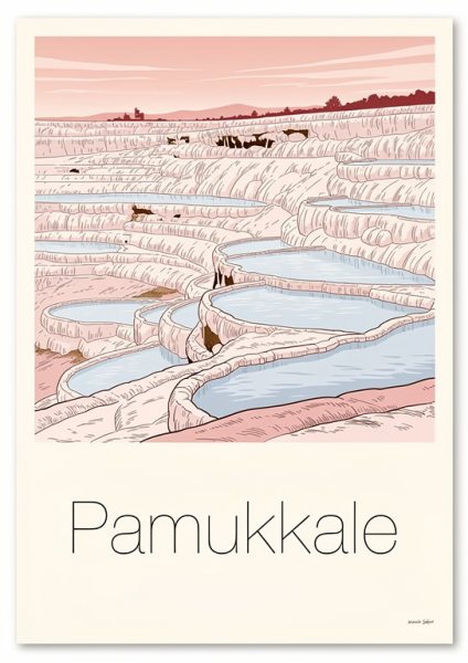 Pamukkale Travertenleri Poster – Çizgi sanat (A4 / A3, Çerçeveli – Çerçevesiz)