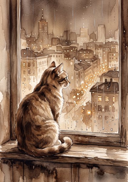 Pencerede Kedi Posteri – Suluboya Duvar Tablosu