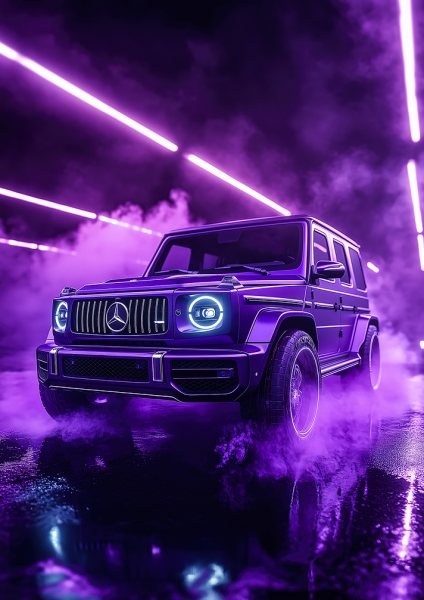 Purple Mercedes-Benz G-Class in Neon Lights Araba Posteri – Duvar Tablosu duvarda gerçek ölçek