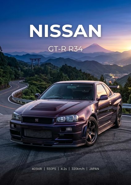 purple Nissan GT-R R34 in Japan Araba Posteri – Duvar Tablosu