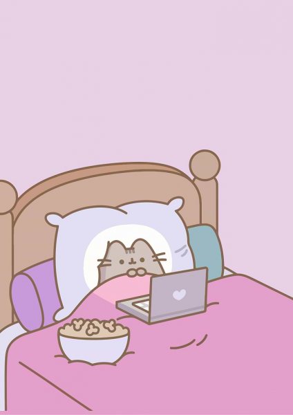 Pusheen Cat Watching Movies in Bed Film Posteri – Duvar Tablosu duvarda gerçek ölçek