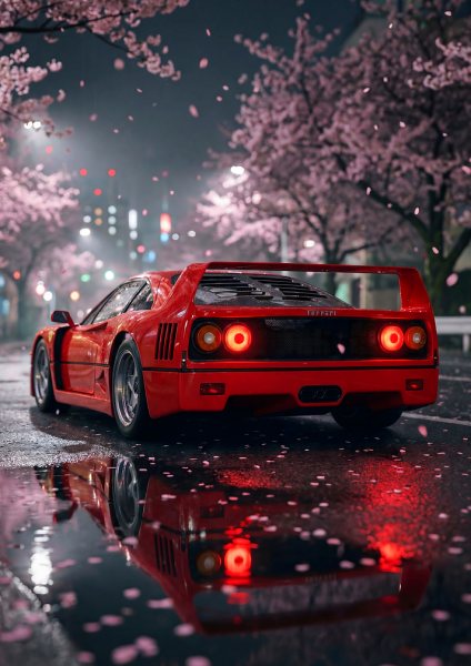 Red Ferrari F40 Under Cherry Blossoms Araba Posteri – Duvar Tablosu