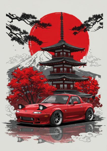 Red Mazda Miata with Japanese backdrop Araba Posteri – Duvar Tablosu