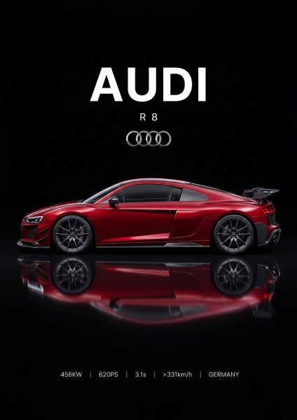 red sleek R8 Sports Car Araba Posteri – Duvar Tablosu duvarda gerçek ölçek