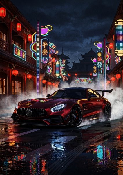 Red Sports Car Drifting in Neon Asian City Araba Posteri – Duvar Tablosu duvarda gerçek ölçek