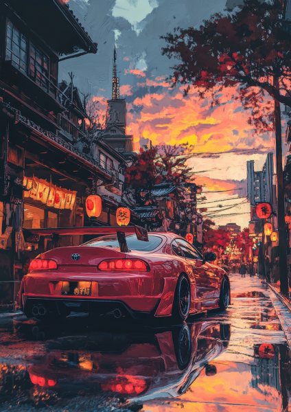 Red Toyota Supra in Japanese Street Araba Posteri – Duvar Tablosu