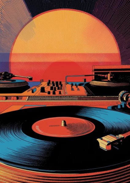 Retro DJ Turntables Sunset Illustration Müzik Posteri – Duvar Tablosu