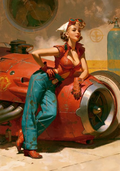 Retro Mechanic Pin-Up Girl with Race Car Araba Posteri – Duvar Tablosu