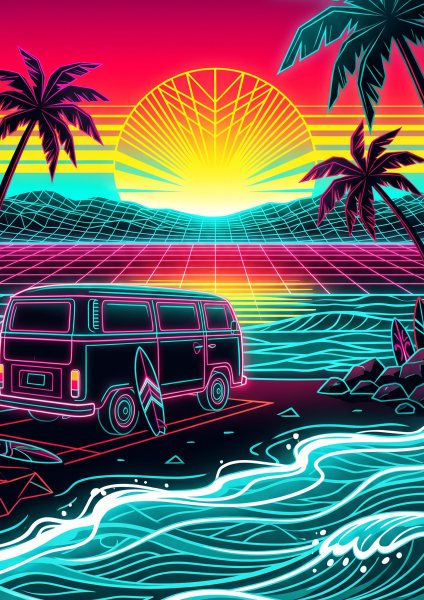 Retro Sörf Minibüsü Posteri – Synthwave Duvar Tablosu