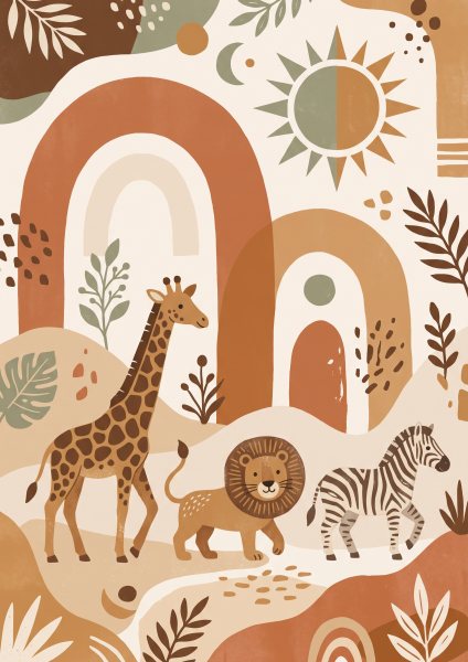 Safari Hayvanları Poster – Boho (A4 / A3, Çerçeveli – Çerçevesiz)