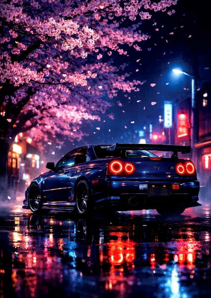 Sakura Drift R34 Car Cherry Blossoms Araba Posteri – Duvar Tablosu