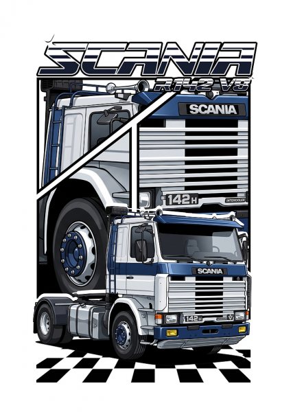 Scania R142 V8 Truck Illustration Araba Posteri – Duvar Tablosu duvarda gerçek ölçek
